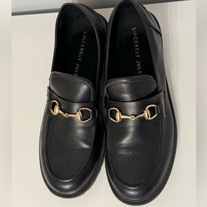 Sincerely Jules Romeo Black Faux Leather Loafers with Gold Accents